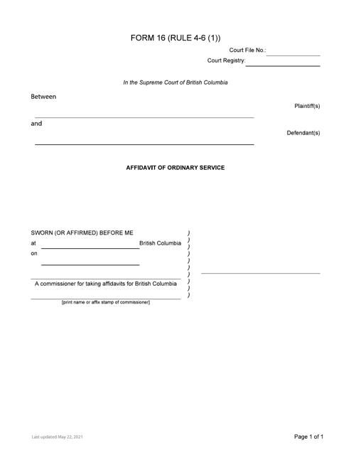 Form 16 Affidavit of Ordinary Service - British Columbia, Canada