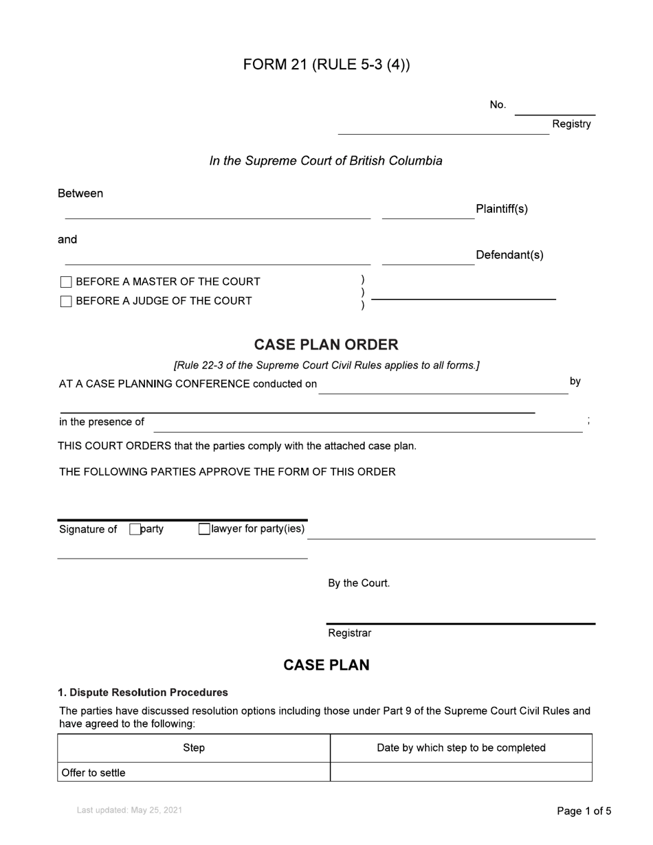 Form 21 Case Plan Order - British Columbia, Canada, Page 1