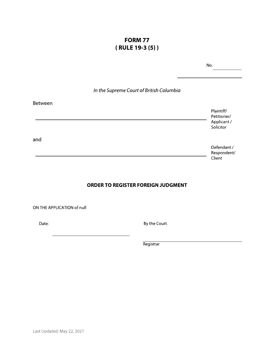 Form 77 Order to Register Foreign Judgment - British Columbia, Canada, Page 1