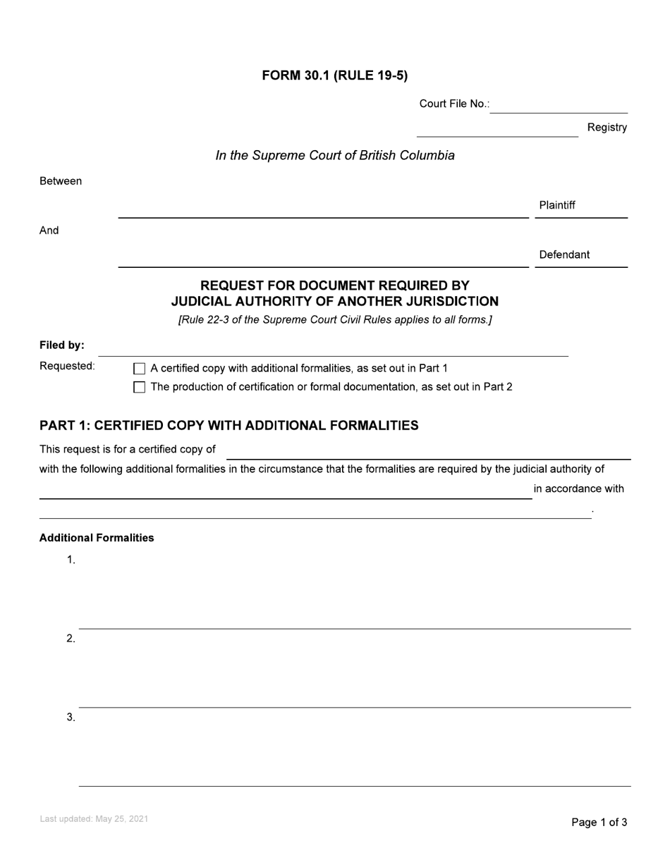 Form 30.1 Request for Document Required by Judicial Authority of Another Jurisdiction - British Columbia, Canada, Page 1