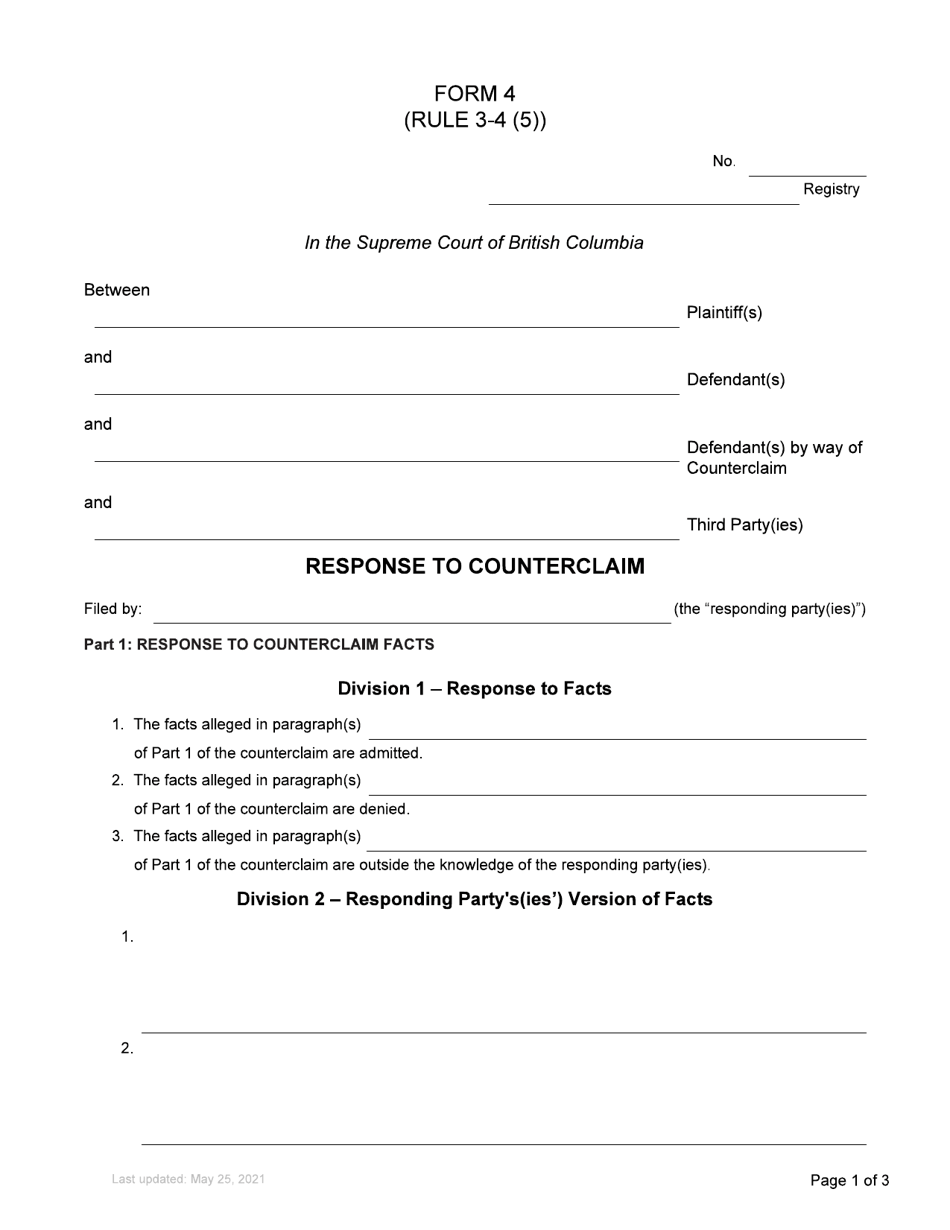 Form 4 Response to Counterclaim - British Columbia, Canada, Page 1