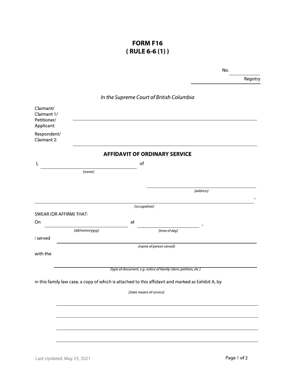 Form F16 Affidavit of Ordinary Service - British Columbia, Canada, Page 1