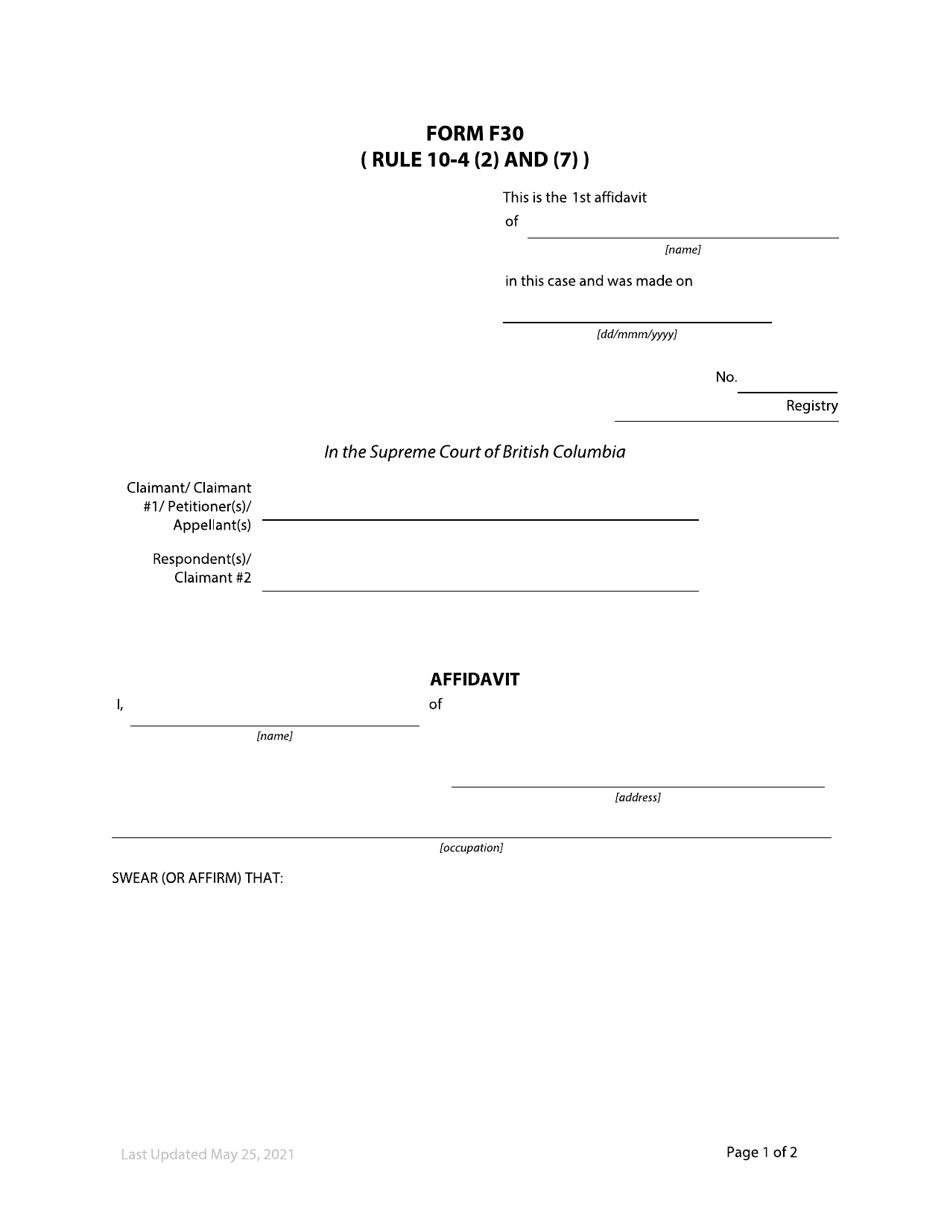 Form F30 Affidavit - British Columbia, Canada, Page 1