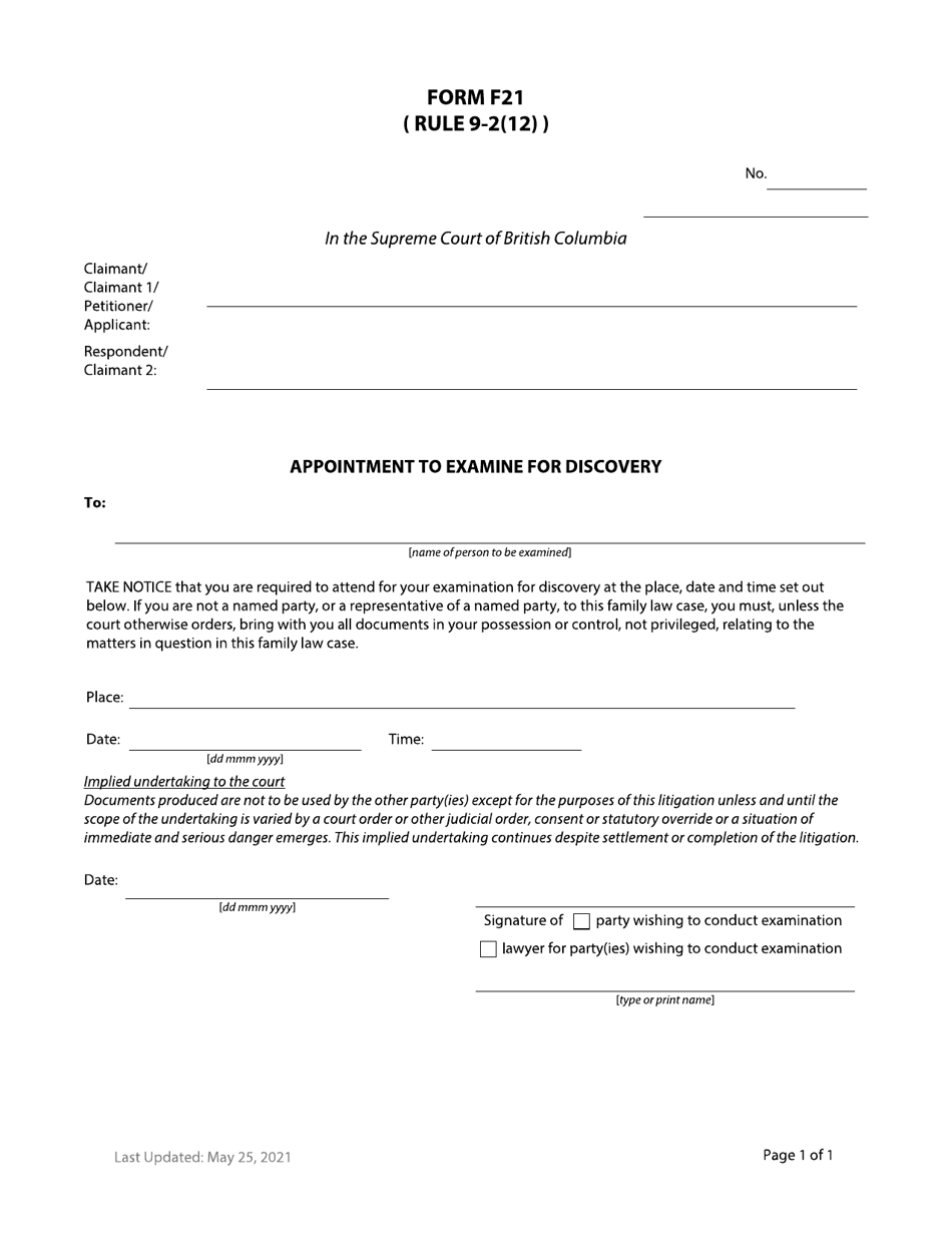 Form F21 Appointment to Examine for Discovery - British Columbia, Canada, Page 1
