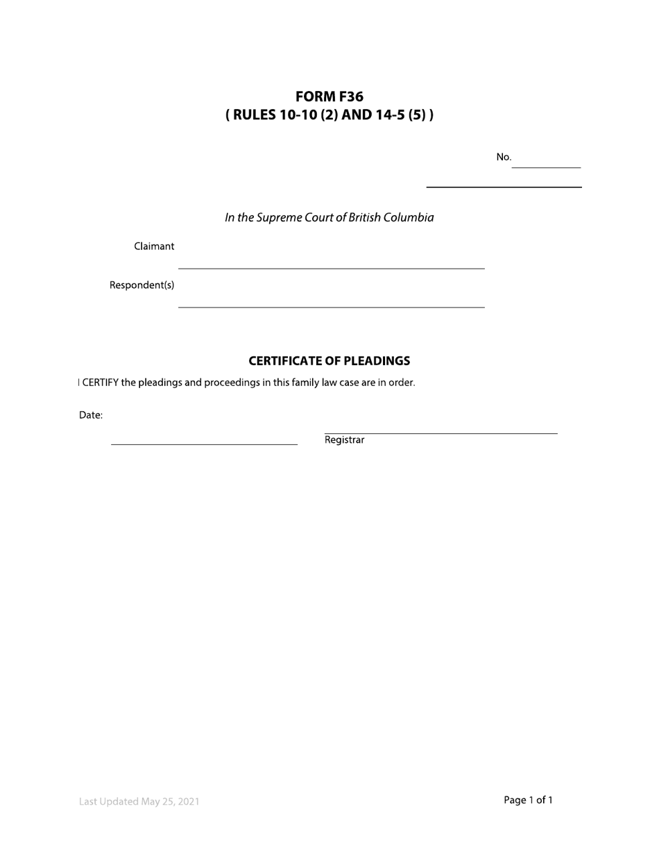 Form F36 Certificate of Pleadings - British Columbia, Canada, Page 1