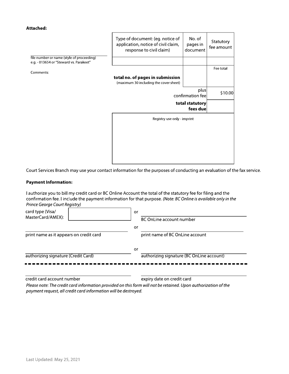 Form F95 Fax Cover Sheet - British Columbia, Canada, Page 2