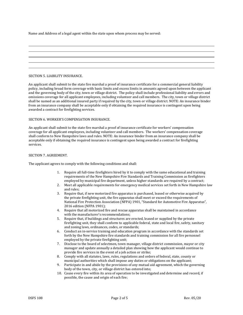 Form DSFS108 Application for Certification as a Private Firefighting Unit - New Hampshire, Page 2