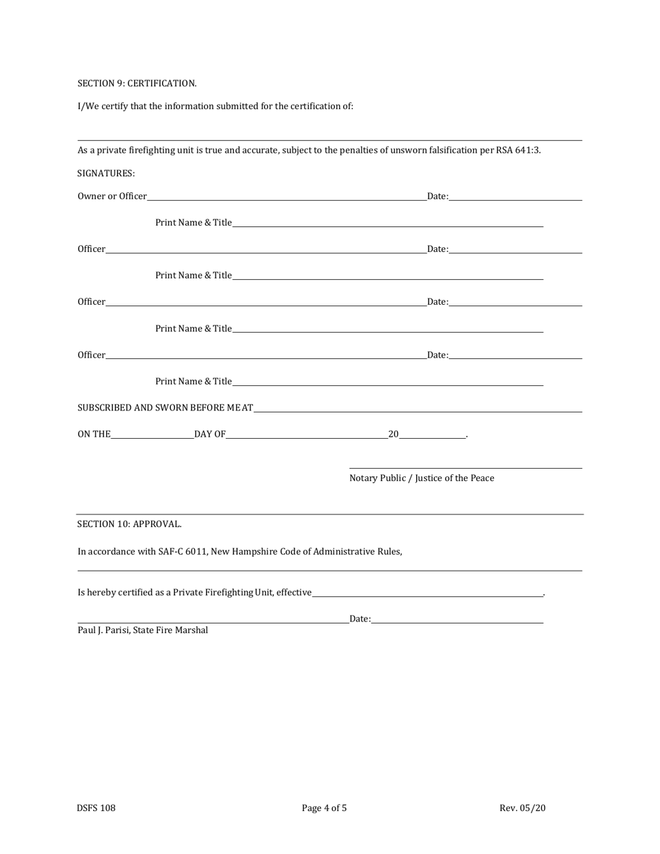 Form DSFS108 Application for Certification as a Private Firefighting Unit - New Hampshire, Page 4