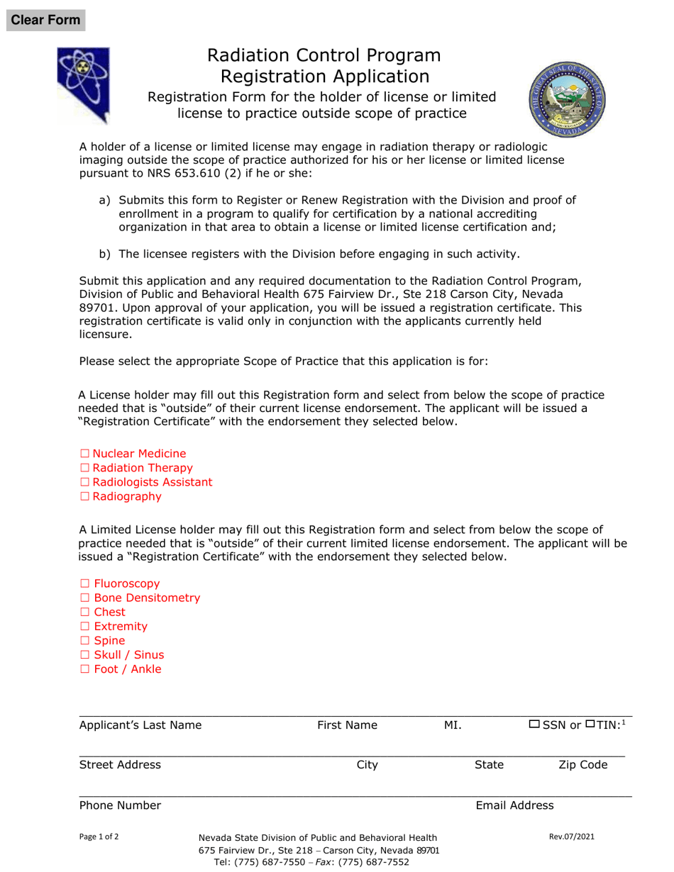 Registration Form for the Holder of License or Limited License to Practice Outside Scope of Practice - Nevada, Page 1