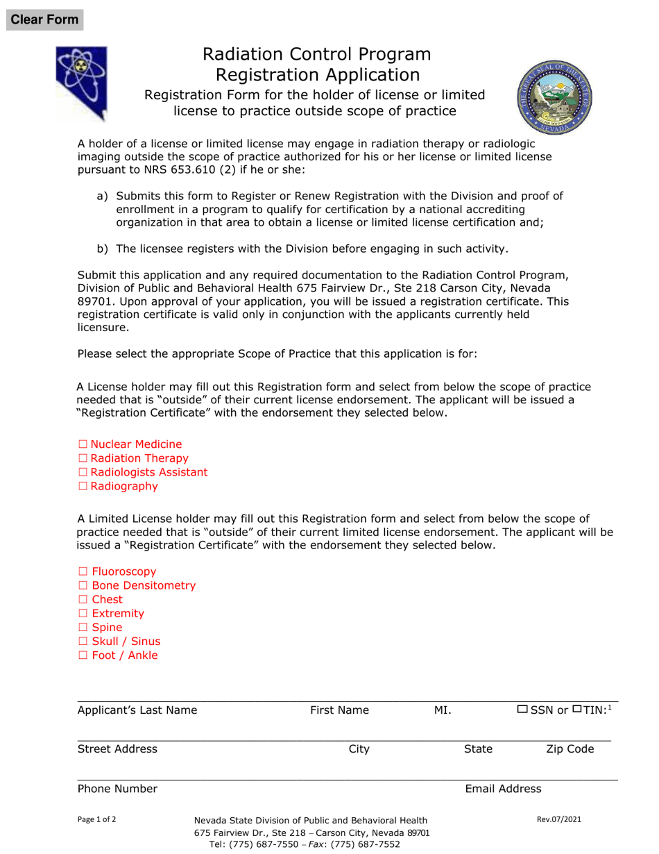 Nevada Registration Form for the Holder of License or Limited License
