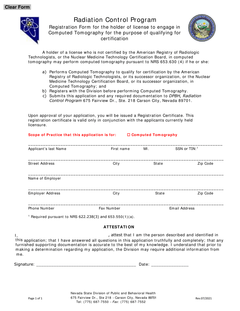 Registration Form for the Holder of License to Engage in Computed Tomography for the Purpose of Qualifying for Certification - Nevada, Page 1