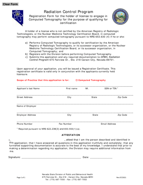 Registration Form for the Holder of License to Engage in Computed Tomography for the Purpose of Qualifying for Certification - Nevada Download Pdf