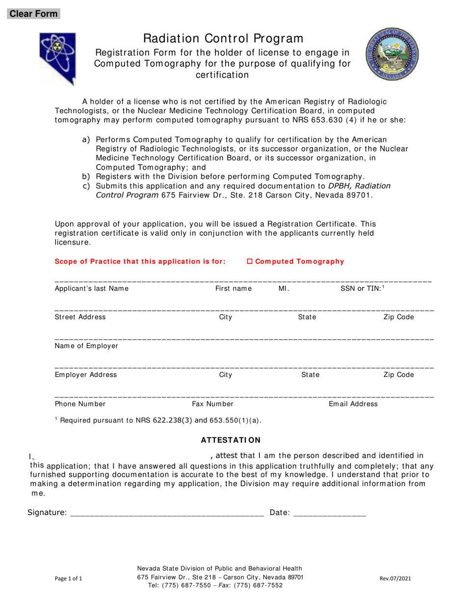 Nevada Registration Form for the Holder of License to Engage in