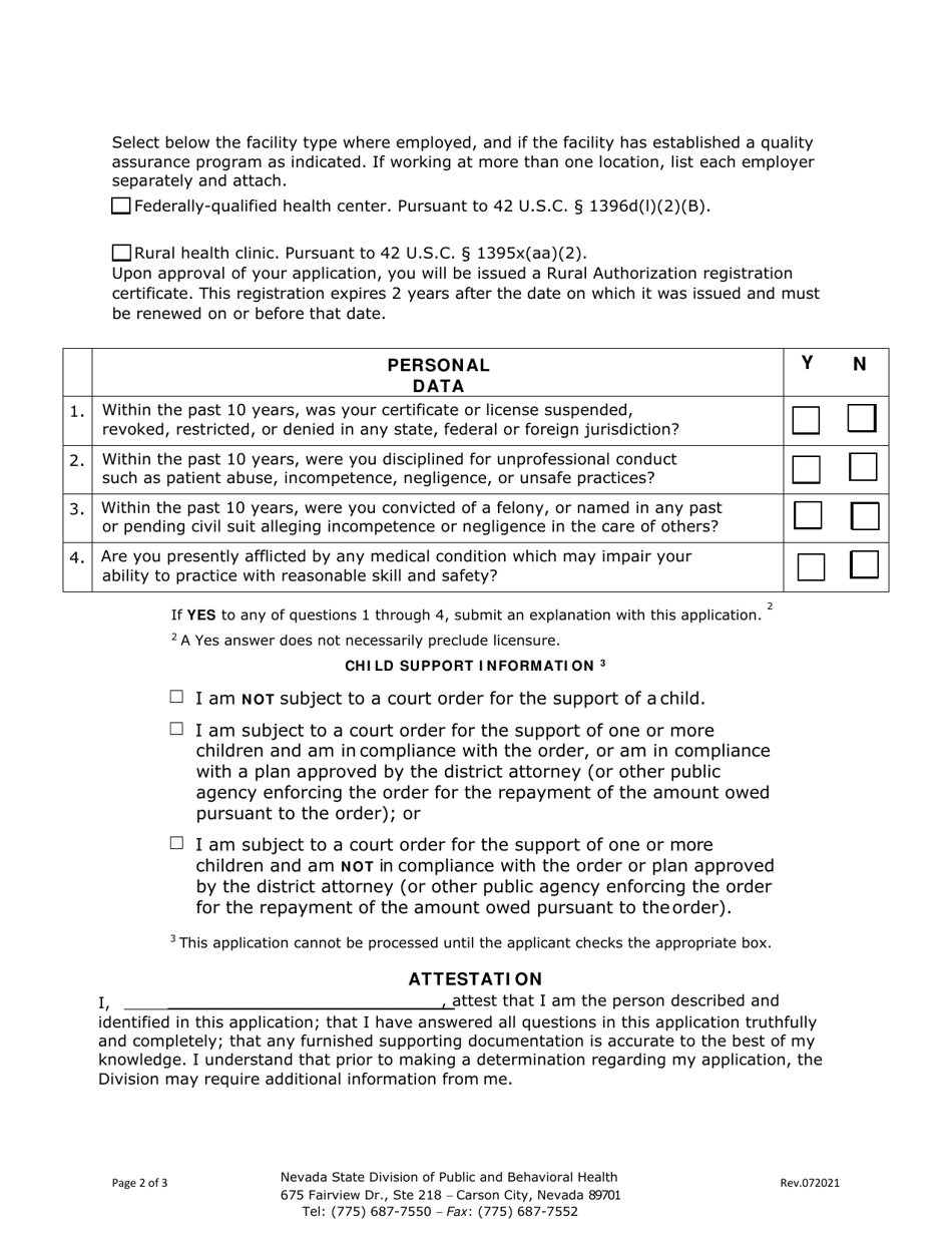 Rural Authorization Registration Form - Nevada, Page 2