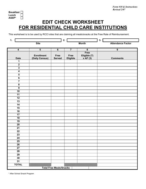 Form 10 Edit Check Worksheet for Residential Child Care Institutions - New Jersey