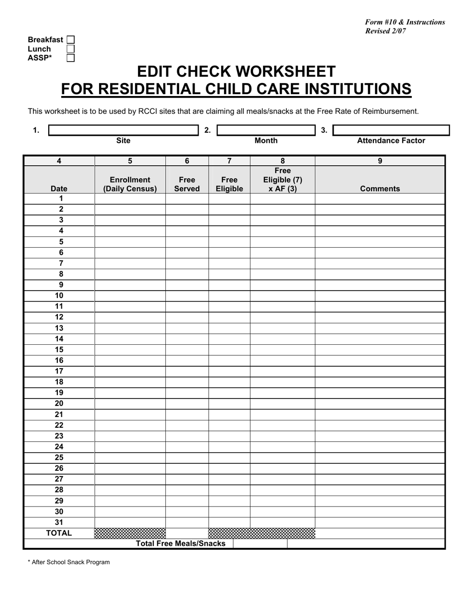 Form 10 Edit Check Worksheet for Residential Child Care Institutions - New Jersey, Page 1