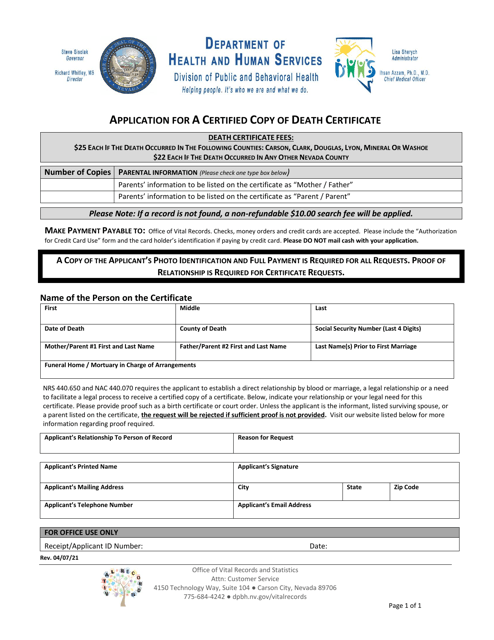Application for a Certified Copy of Death Certificate - Nevada Download Pdf