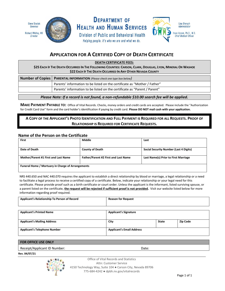 Application for a Certified Copy of Death Certificate - Nevada, Page 1