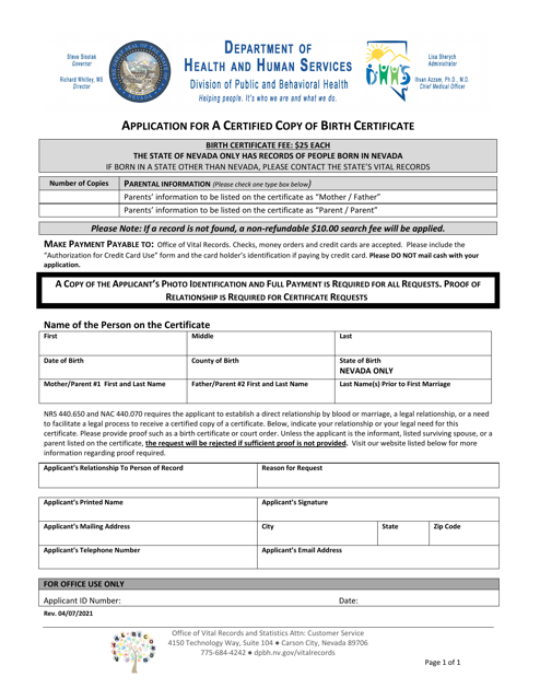 Application for a Certified Copy of Birth Certificate - Nevada Download Pdf