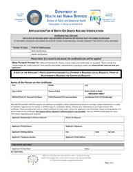 Document preview: Application for a Birth or Death Record Verification - Nevada