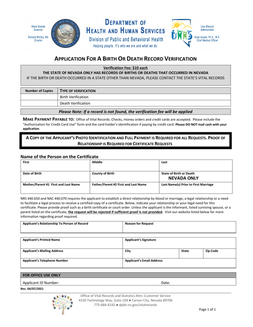 Application for a Birth or Death Record Verification - Nevada Download Pdf