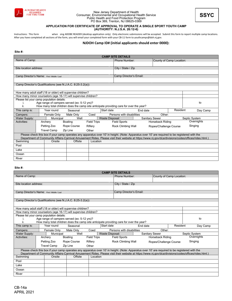 Form CB-14A Application for Certificate of Approval to Operate a Single Sport Youth Camp - New Jersey, Page 1
