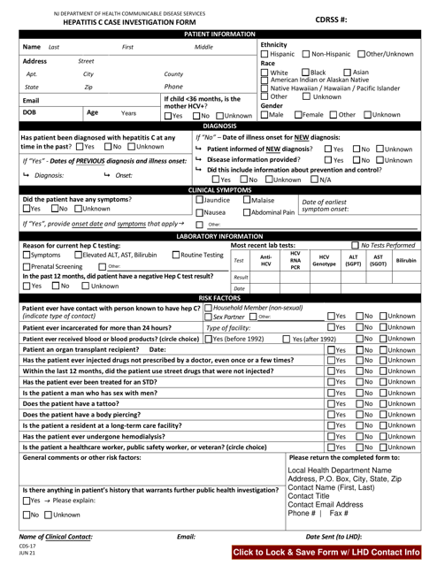 Form CDS-17 Hepatitis C Case Investigation Form - New Jersey