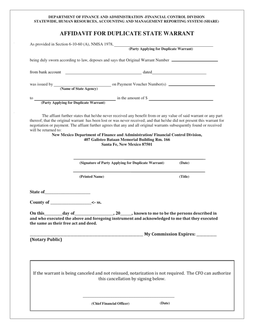 Affidavit for Duplicate State Warrant - New Mexico Download Pdf