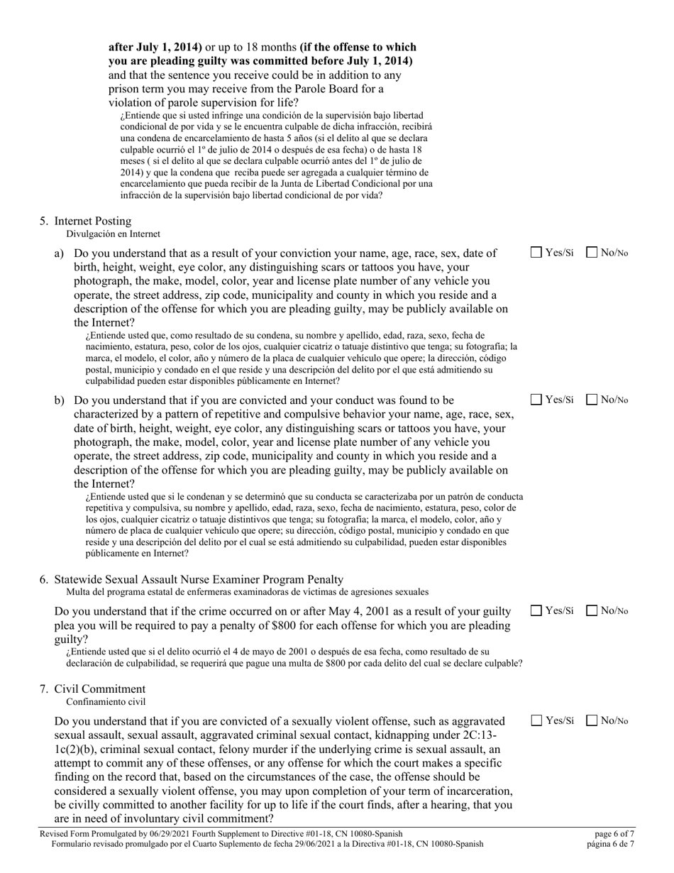 Form 10080 Supplemental Plea Form for Certain Sexual Offenses (Megans Law / Parole Supervision for Life / Community Supervision for Life) - New Jersey (English / Spanish), Page 6