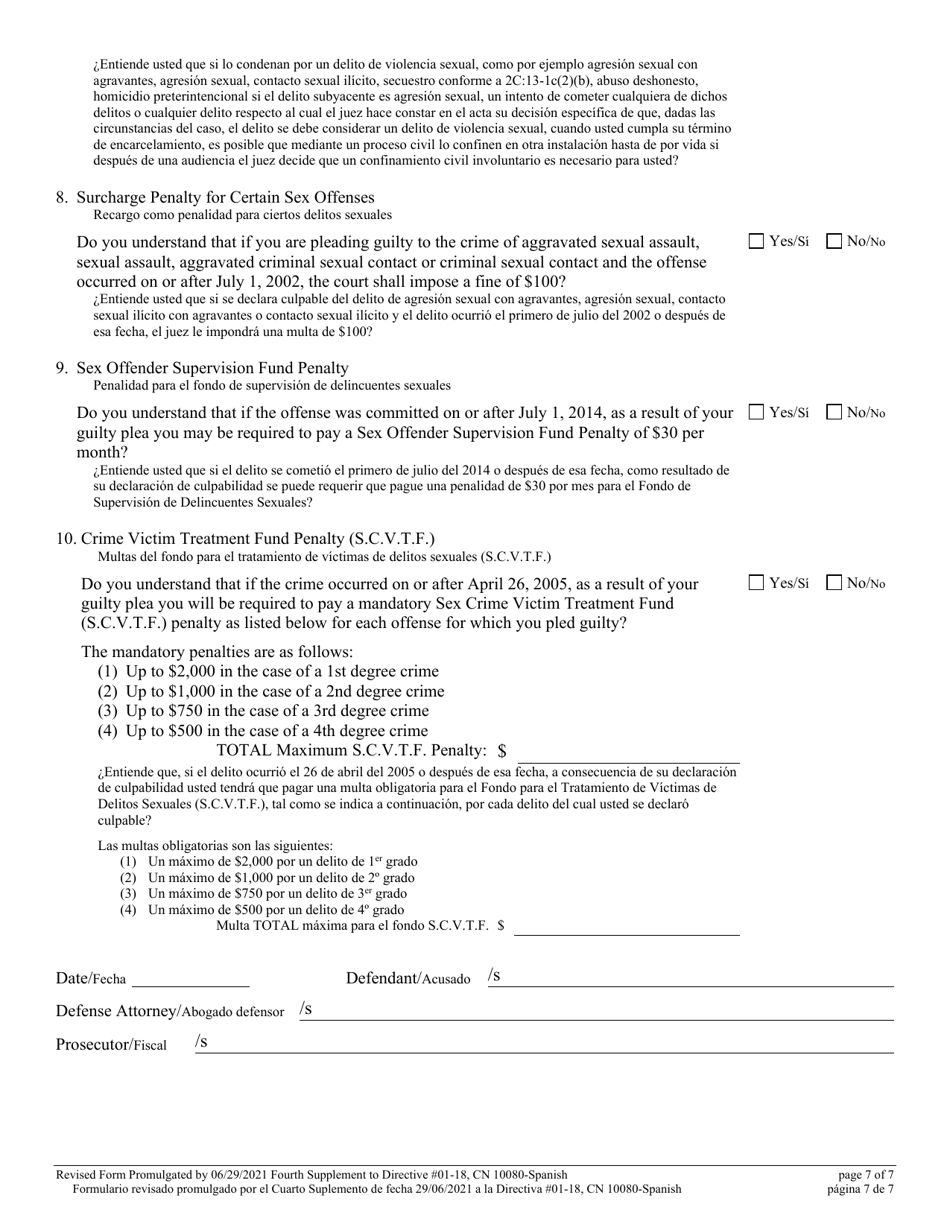 Form 10080 Supplemental Plea Form for Certain Sexual Offenses (Megans Law / Parole Supervision for Life / Community Supervision for Life) - New Jersey (English / Spanish), Page 7
