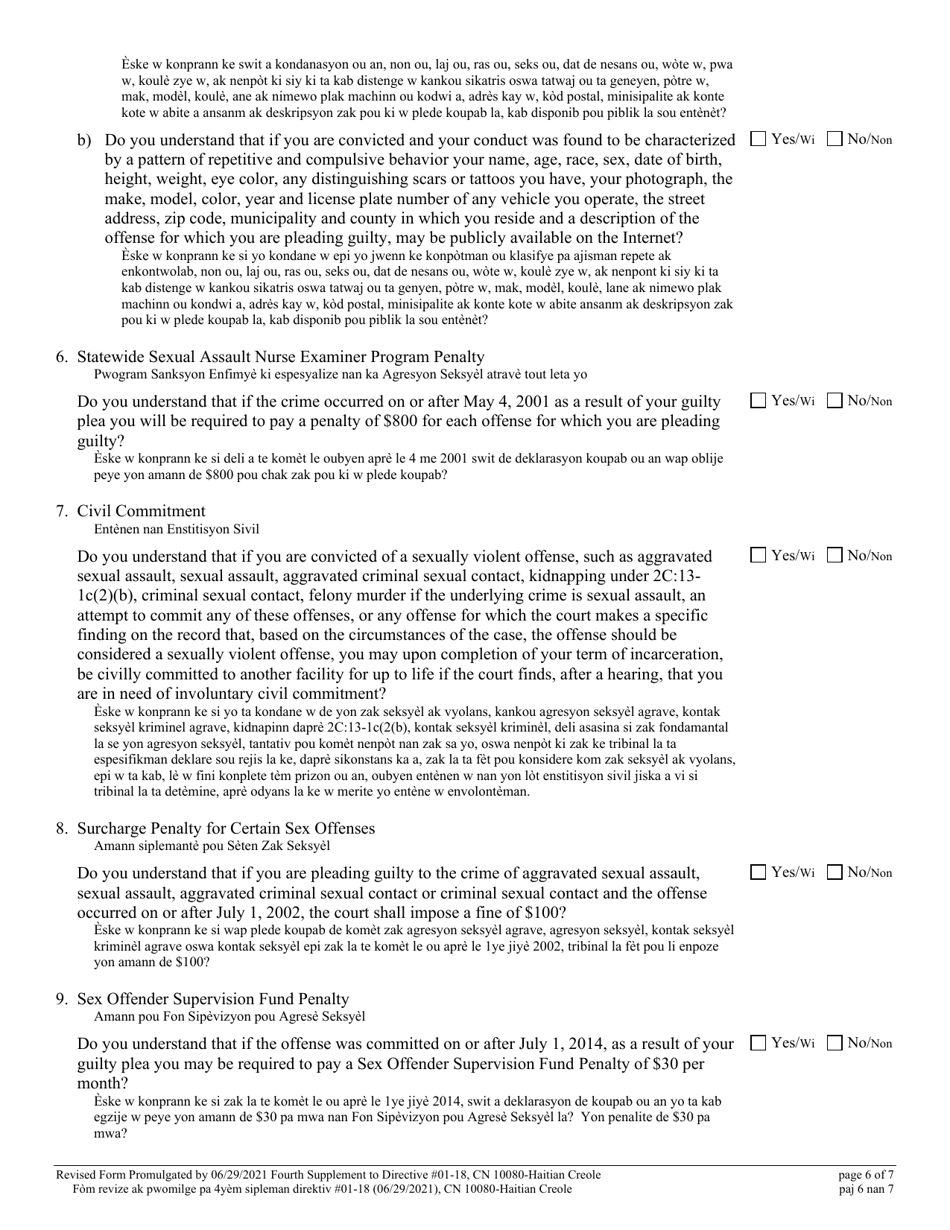 Form 10080 Supplemental Plea Form for Certain Sexual Offenses (Megans Law / Parole Supervision for Life / Community Supervision for Life) - New Jersey (English / Haitian Creole), Page 6