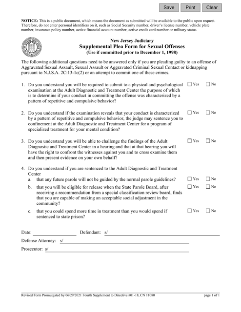 Form 11080 Supplemental Plea Form for Sexual Offenses (Use if Committed Prior to December 1, 1998) - New Jersey