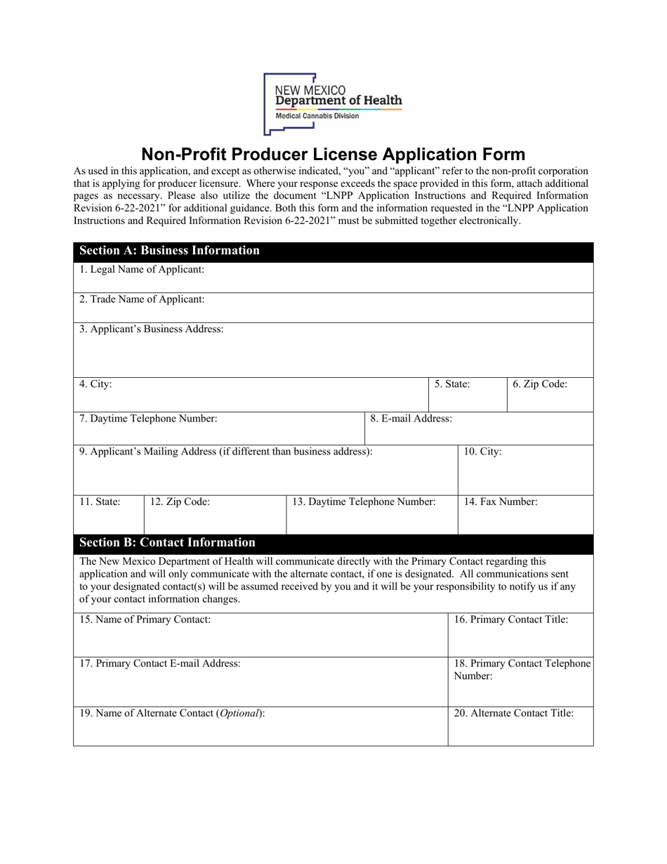 Medical Cannabis Non-profit Producer License Application Form - New Mexico, Page 1