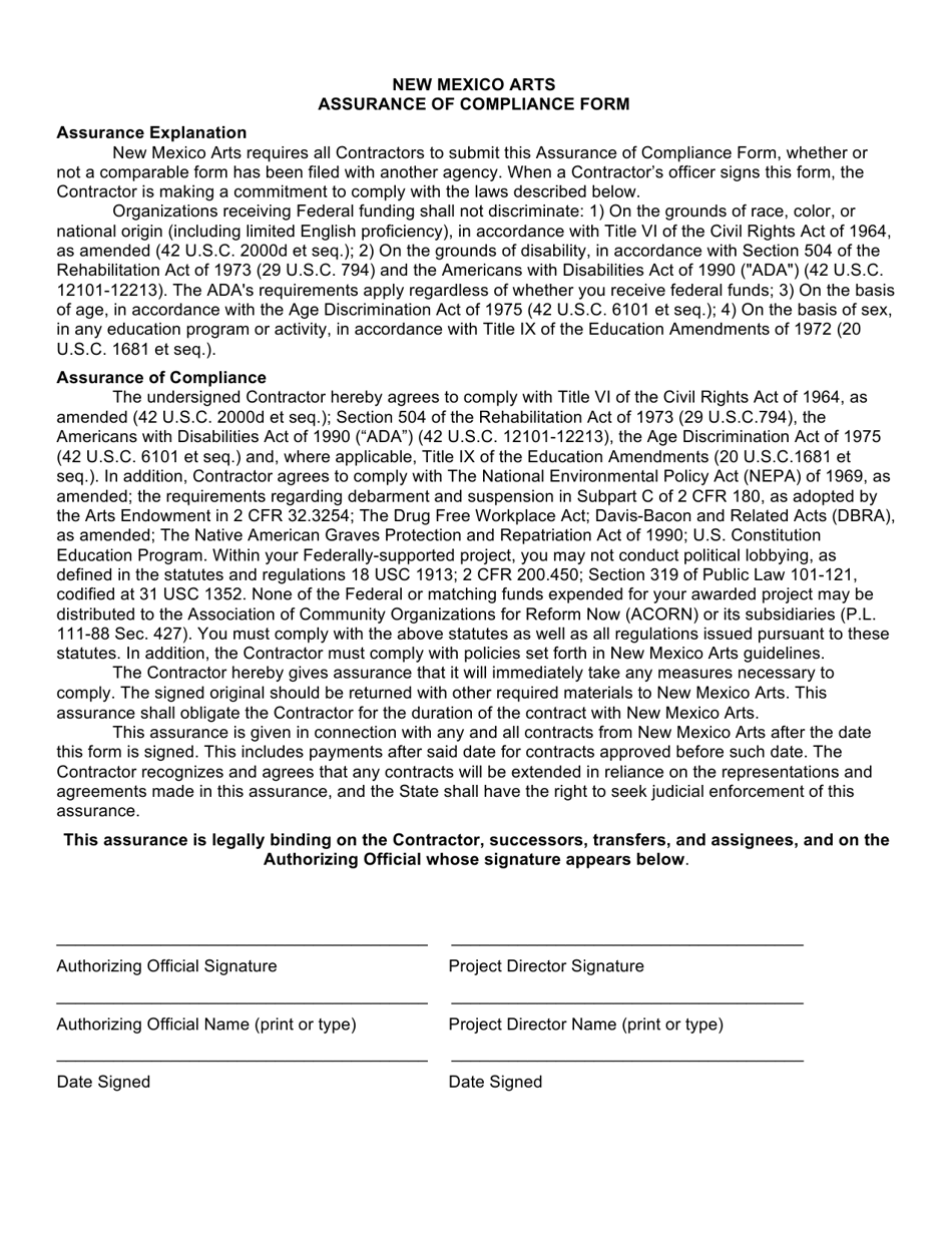 Assurance of Compliance Form - New Mexico Arts - New Mexico, Page 1