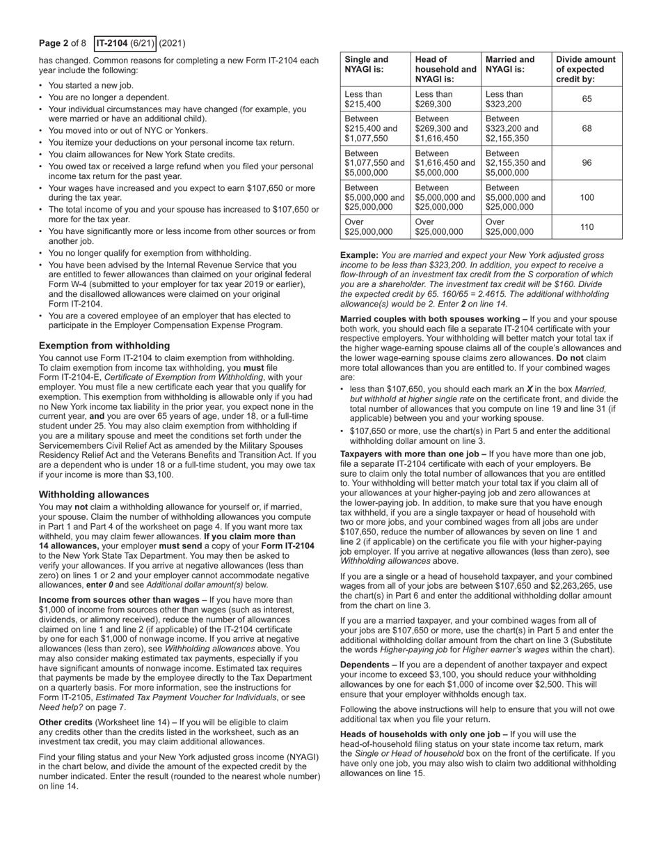 Form IT-2104 Employees Withholding Allowance Certificate - New York, Page 2
