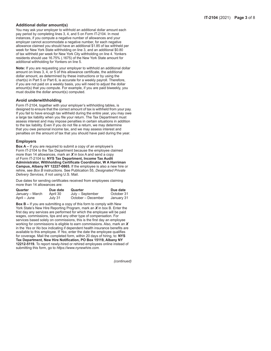 Form IT-2104 Employees Withholding Allowance Certificate - New York, Page 3