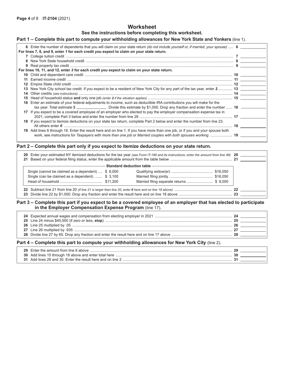 Form IT-2104 Employees Withholding Allowance Certificate - New York, Page 4
