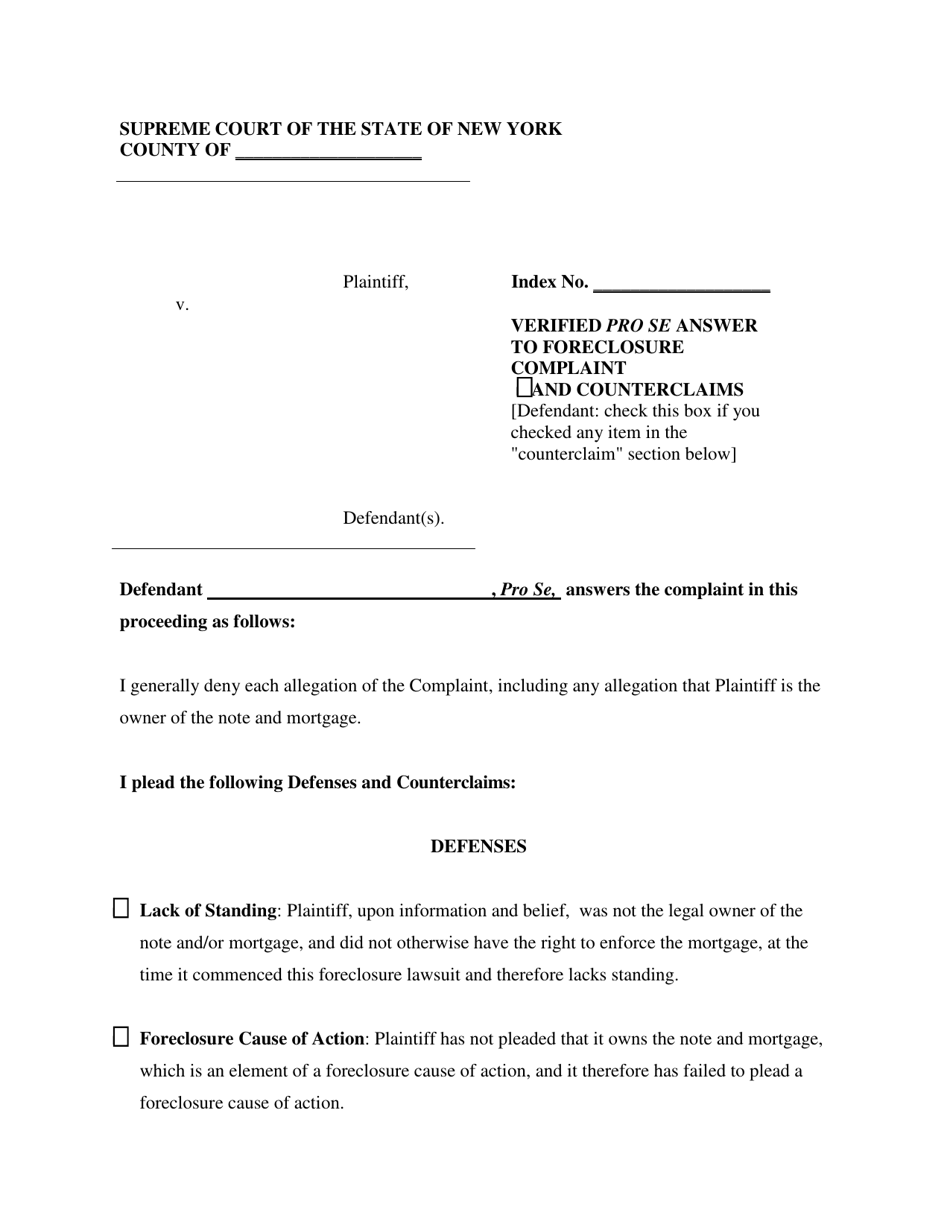 Verified Pro Se Answer to Foreclosure Complaint - New York, Page 1