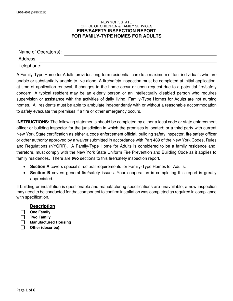 Form LDSS-4388 Fire / Safety Inspection Report for Family-type Homes for Adults - New York, Page 1