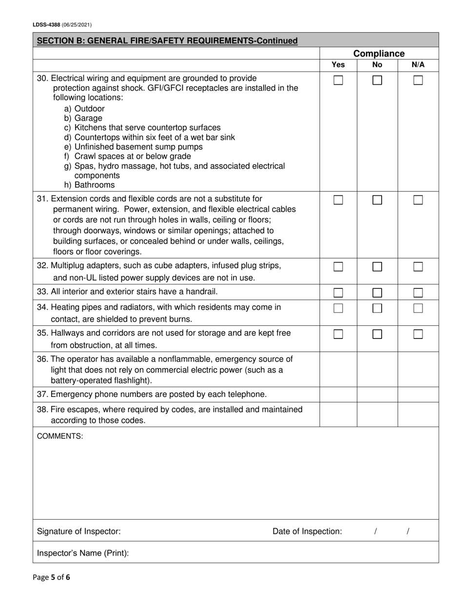 Form LDSS-4388 Fire / Safety Inspection Report for Family-type Homes for Adults - New York, Page 5