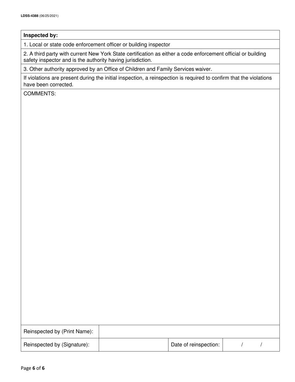 Form LDSS-4388 Fire / Safety Inspection Report for Family-type Homes for Adults - New York, Page 6