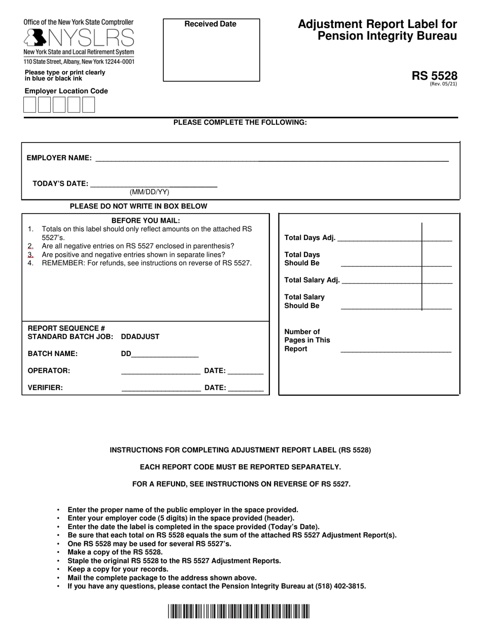 Form RS5528 Adjustment Report Label for Pension Integrity Bureau - New York, Page 1