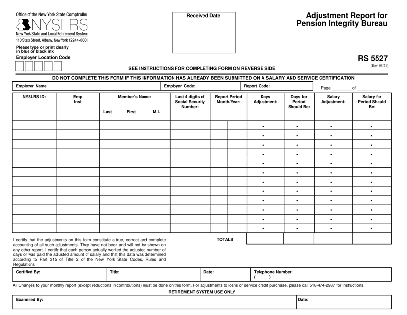 Form RS5527 Adjustment Report for Pension Integrity Bureau - New York