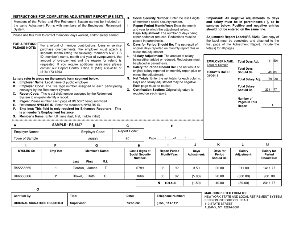 Form RS5527 Adjustment Report for Pension Integrity Bureau - New York, Page 2