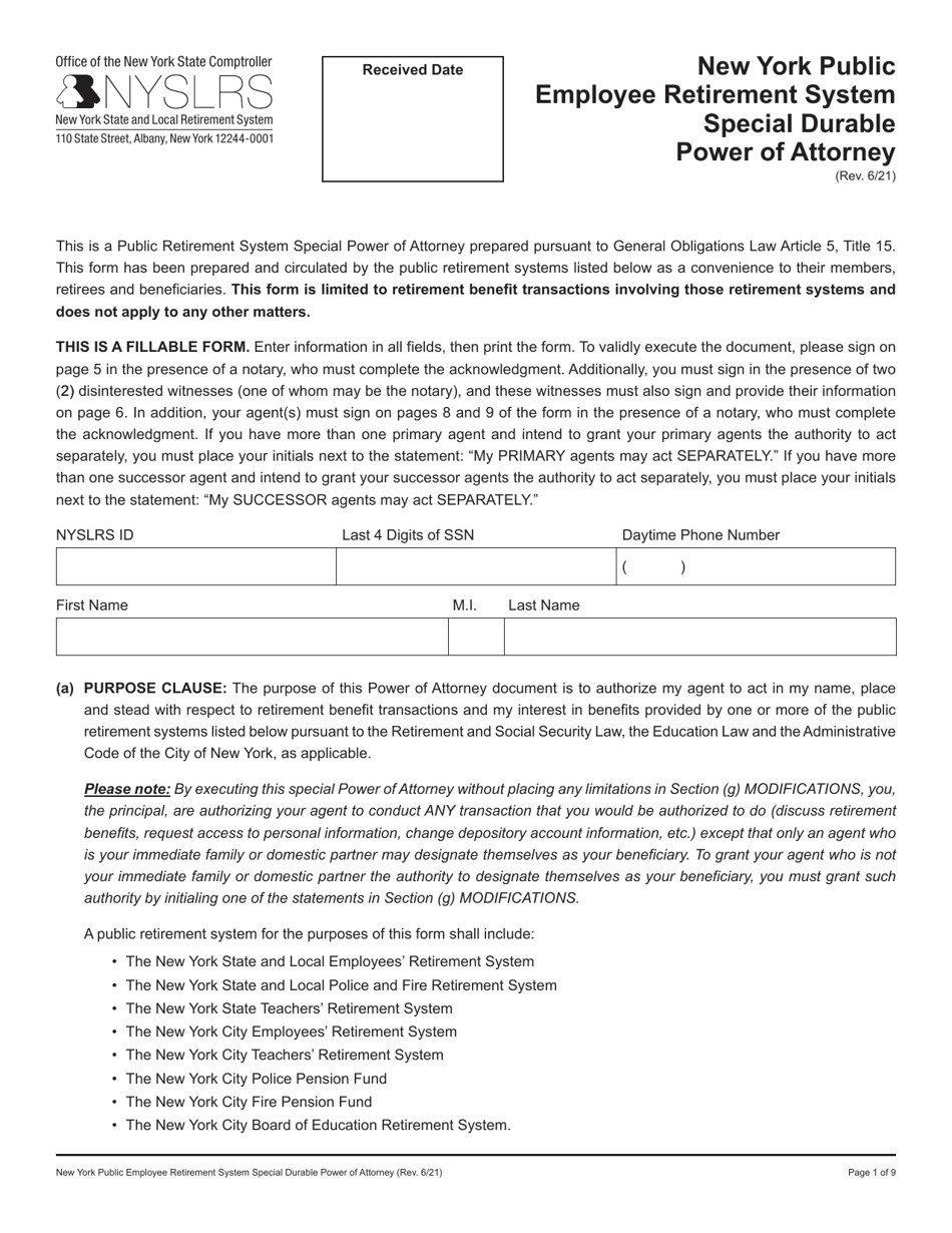 New York Public Employee Retirement System Special Durable Power of Attorney - New York, Page 1