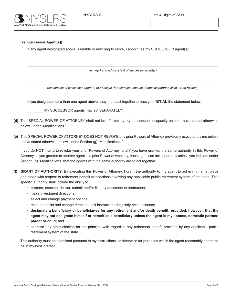 New York Public Employee Retirement System Special Durable Power of Attorney - New York, Page 3