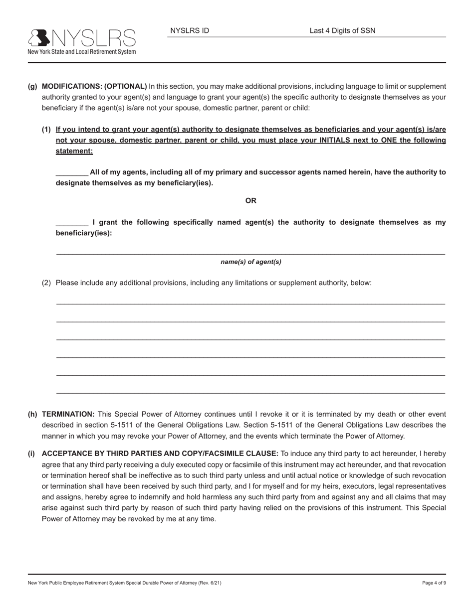 New York Public Employee Retirement System Special Durable Power of Attorney - New York, Page 4