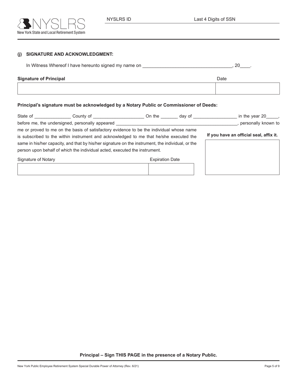 New York Public Employee Retirement System Special Durable Power of Attorney - New York, Page 5