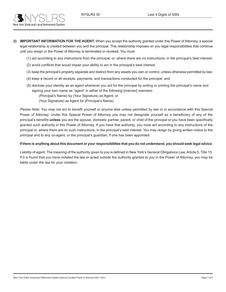 New York Public Employee Retirement System Special Durable Power of Attorney - New York, Page 7
