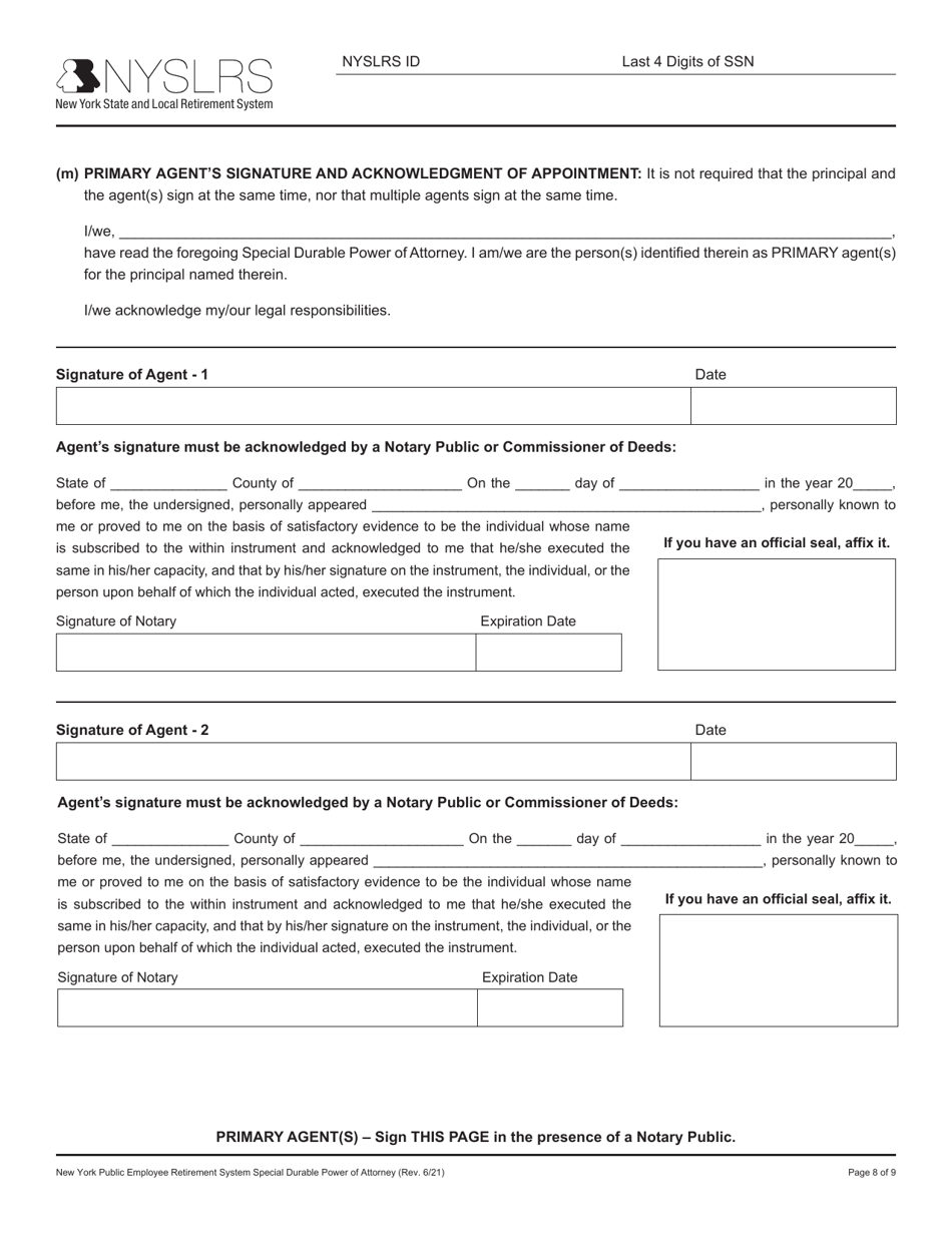 New York Public Employee Retirement System Special Durable Power of Attorney - New York, Page 8
